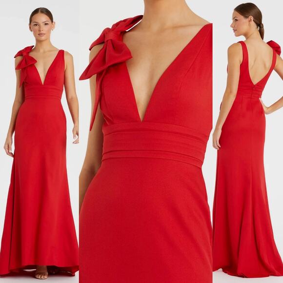 Mac Duggal Sleeveless V Neck Bow Detail Mermaid Gown In Red 49454 Size 4 New - Picture 1 of 15